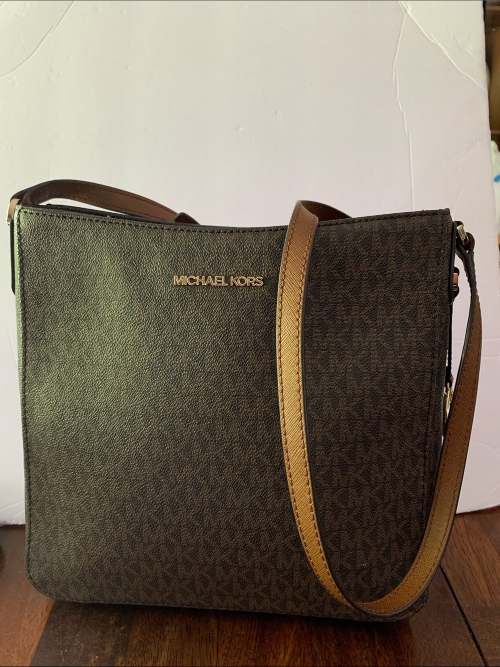 Michael Kors Dark Brown Signature Messenger Bag with Tan Strap